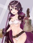  1girl belt bikini black_hair breasts brown_belt commentary_request fire_emblem fire_emblem_awakening fire_emblem_heroes gloves haru_(nakajou-28) highres holding hood hood_down hooded_coat jacket_on_shoulders morgan_(fire_emblem) morgan_(fire_emblem)_(female) navel octopus open_mouth polearm pouch purple_eyes short_hair small_breasts solo swimsuit weapon white_bikini 