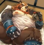  2019 anthro belly brown_fur bulge butt canid canine clothing detailed_background fur gyobu humanoid_hands lying male mammal moobs nipples oaks16 overweight overweight_male raccoon_dog solo tanuki tattoo tokyo_afterschool_summoners underwear video_games 