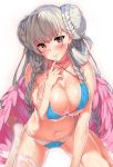  1girl ahoge alternate_costume azur_lane bangs bikini blue_bikini blush braid breasts choker cleavage double_bun eyebrows_visible_through_hair feather_boa formidable_(azur_lane) formidable_(the_lady_of_the_beach)_(azur_lane) grey_hair head_tilt highres kawai kneeling large_breasts long_hair looking_at_viewer navel red_eyes sidelocks simple_background single_thighhigh solo swimsuit thighhighs very_long_hair wet white_background 