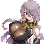  1girl amania_orz atelier_(series) atelier_ryza belt blue_belt breasts cleavage dated hair_ornament hairclip heterochromia hooded_vest impossible_clothes large_breasts leather_belt lila_decyrus low_twintails purple_eyes purple_hair red_eyes shiny shiny_clothes shiny_hair solo twintails twitter_username 