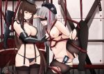  2girls ahegao anal anal_object_insertion arms_behind_back assault_rifle bangs bdsm beret black_collar black_gloves black_headwear black_legwear black_panties blindfold blunt_bangs bound bound_legs breasts brown_eyes cameltoe cellphone collar covered_nipples cowboy_shot dsr-50_(girls_frontline) elbow_gloves girls_frontline gloves grey_hair gun hand_on_another&#039;s_head hat jayceaua large_breasts leg_up licking_lips long_hair mdr_(girls_frontline) medium_breasts multiple_girls navel nipple_tweak nipples nude object_insertion one_side_up open_mouth panties phone red_eyes red_rope rifle rope sadism saliva skindentation spiked_collar spikes spread_legs standing strap_gap suspenders tongue tongue_out torn_clothes torn_legwear twitter_username underwear vaginal vaginal_object_insertion very_long_hair weapon 