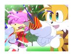  amy_rose anthro blue_eyes boots border canid canine clothing dress duo eulipotyphlan female footwear fox fur gloves handwear hedgehog hi_res kalk427 male mammal miles_prower open_mouth open_smile outside party party_popper pink_fur smile sonic_(series) white_border white_fur yellow_fur 