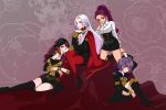  4girls bernadetta_von_varley black_headwear blonde_hair boots breasts brown_hair cape cleavage closed_mouth dark_skin dorothea_arnault earrings edelgard_von_hresvelg fire_emblem fire_emblem:_three_houses garreg_mach_monastery_uniform gloves green_eyes grey_eyes hat high_heels highres jewelry knees_up long_hair long_sleeves multiple_girls parted_lips petra_macneary ponytail purple_eyes purple_hair red_cape red_legwear short_hair sitting twitter_username uniform white_gloves yutohiroya 