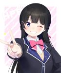  1girl bangs black_hair black_jacket blazer blue_eyes blunt_bangs blush bow bowtie commentary grin hair_ornament hairclip happy_birthday highres jacket long_hair long_sleeves looking_at_viewer nezumidoshi nijisanji one_eye_closed pink_background pink_bow pink_neckwear school_uniform simple_background smile solo striped striped_background tsukino_mito upper_body v virtual_youtuber 