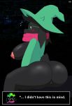  2019 anthro areola big_breasts big_butt big_ears black_fur blush bovid breasts butt caprine clothed clothing crossgender deltarune dialogue english_text eyebrows eyelashes eyewear female floppy_ears fur glasses goat hat headgear headwear hi_res hoodie_stalker horn huge_breasts huge_butt long_ears mammal partially_clothed presenting pussy ralsei scarf simple_background sitting solo text thick_thighs video_games voluptuous white_eyes witch_hat 