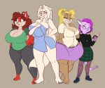  5_toes anthro barefoot big_breasts blush breast_size_difference breasts claws cleavage clothed clothing feet female goblinhordestudios group hi_res huge_breasts mammal small_breasts thick_thighs toes towel wet 
