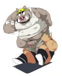  2019 anthro armor balls censored clothing duo headgear helmet hi_res japanese_text male mammal overweight overweight_male penis shirt simple_background suid suina sus_(pig) taro_heppoko text topwear white_background wild_boar 