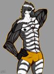  accipitrid accipitriform anthro augmentations avian beak bird black_sclera clothing cybernetic_arm cybernetic_hand cybernetics cyborg digital_media_(artwork) feathers goshawk grey_background hi_res machine male muscular muscular_male nipples pecs saltyserpent simple_background smile solo thick_thighs underwear yellow_eyes 