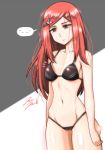  ... 1girl airplane_hair_ornament artist_name b11_night_angel bangs bikini black_bikini breast_conscious cameltoe cowboy_shot empty_eyes flat_chest jazzjack last_origin looking_down messy_hair navel red_eyes red_hair solo standing stomach swept_bangs swimsuit 