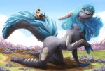  2019 anthro big_breasts big_tail blue_hair breasts claws detailed digital_media_(artwork) dragon felid feline female hair hi_res invalid_color invalid_tag kneeling macro male mammal micro mountain nude open_mouth pantherine raised_arm rock sky smile standing thesunset tiger tongue tongue_out wide_tail wingless_dragon 