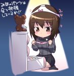  1girl blush blush_stickers boko_(girls_und_panzer) bow bow_panties breasts brown_eyes brown_hair closed_mouth eyebrows_visible_through_hair girls_und_panzer highres kneeling kuromorimine_military_uniform kuzuryuu_kennosuke medium_breasts military military_uniform nishizumi_maho object_on_head panties panties_on_head pink_panties shiny shiny_hair shiny_skin short_hair skirt solo spotlight stuffed_toy translation_request underwear uniform white_panties yuri 