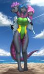  2019 3_heads 4_toes 5_fingers absurd_res anthro beach blue_hair breasts clothed clothing day detailed_background digital_media_(artwork) dragon eyebrows eyelashes female fingers green_eyes hair hi_res hydra multi_head mykegreywolf non-mammal_breasts one-piece_swimsuit open_mouth outside pink_hair purple_hair sand seaside shoreline sky smile solo swimwear teeth toes tongue ursula_victoria_and_hannah water 