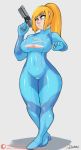  2019 absurd_res blonde_hair blue_eyes breast_expansion breasts clothing doggomeatball female gun hair hi_res human human_only mammal metroid nintendo not_furry ponytail ranged_weapon samus_aran simple_background solo surprise torn_clothing video_games weapon zero_suit 