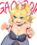  1girl absurdres armlet bare_shoulders black_collar black_dress blonde_hair blue_earrings blue_eyes bowsette bracelet breasts claw_pose cleavage collar crown dress earrings eyebrows_visible_through_hair fangs fingernails gao hair_between_eyes hands_up heart high_ponytail highres hisakawa_haru horns jewelry large_breasts leaning_forward long_hair mario_(series) new_super_mario_bros._u_deluxe onomatopoeia open_mouth ponytail sharp_fingernails simple_background smile solo spiked_armlet spiked_bracelet spiked_collar spikes strapless strapless_dress super_crown upper_body v-shaped_eyebrows white_background 