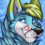  1:1 blue_eyes bodily_fluids bust_portrait canid canine cum cum_in_mouth cum_inside cum_on_face cum_on_muzzle fox genital_fluids gorsha_pendragon green_hair hair licking licking_lips low_res male mammal neck_tuft portrait smile sparky tongue tongue_out tuft 