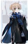  1girl blonde_hair breath character_name coat commentary_request cowboy_shot fingerless_gloves fur-trimmed_coat fur_trim girls_frontline gloves green_eyes highres kky looking_at_viewer parted_lips scarf short_twintails solo twintails twitter_username welrod_mk2_(girls_frontline) 