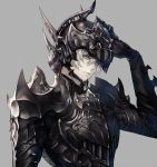  1boy armor blue_eyes closed_mouth gauntlets grey_background helmet male_focus original pauldrons senano-yu simple_background solo vambraces white_hair 