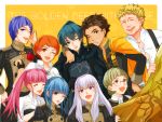  4girls 5boys armor black_armor black_gloves blonde_hair blue_eyes blue_hair braid brown_eyes brown_hair byleth_(fire_emblem) byleth_(fire_emblem)_(male) cape claude_von_riegan closed_eyes crown_braid dark_skin dark_skinned_male earrings epaulettes fire_emblem fire_emblem:_three_houses garreg_mach_monastery_uniform glasses gloves green_eyes green_hair grin highres hilda_valentine_goneril ignatz_victor jewelry leonie_pinelli long_hair long_sleeves lorenz_hellman_gloucester lysithea_von_ordelia marianne_von_edmund multiple_boys multiple_girls one_eye_closed open_mouth orange_eyes orange_hair pink_eyes pink_hair purple_eyes purple_hair raphael_kirsten short_hair short_sleeves smile twintails twitter_username uniform white_hair yellow_cape yutohiroya 