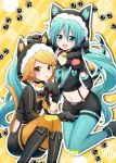  2girls :3 animal_ears animal_hood aqua_eyes aqua_hair aqua_neckwear black_jacket black_neckwear black_ribbon black_shorts blonde_hair blush cat_ears cat_paws cat_tail crop_top fish fur-trimmed_hood green_ponpoko_(module) hair_ribbon hands_up hatsune_miku heart hood jacket kagamine_rin kneehighs kneeling knees_up kunoichi_demo_koi_ga_shitai_(vocaloid) long_hair multiple_girls neckerchief necktie open_mouth orange_eyes orange_konkon_(module) orange_neckwear pantyhose paw_pose paw_print paws project_diva_(series) ribbon short_hair short_shorts shorts sitting skirt smile striped striped_neckwear sudachi_(calendar) suspender_skirt suspenders tail tongue tongue_out twintails two-tone_neckwear v-shaped_eyebrows very_long_hair vocaloid yellow_background zipper 