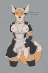  2019 absurd_res anthro areola breasts brown_eyes canid canine chest_tuft clothed clothing clothing_lift digital_media_(artwork) dress dress_lift english_text exposed_breasts female fox fur hi_res inner_ear_fluff legwear looking_at_viewer maid_uniform mammal multicolored_fur multicolored_tail nipple_piercing nipples no_underwear norumgt orange_fur piercing pink_nipples presenting pussy red_fox simple_background slit_pupils solo standing stockings text tuft uniform white_fur 