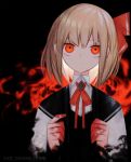  1girl blonde_hair blood bloody_hands censored commentary dark_background darkness hair_ribbon highres kky looking_at_viewer mosaic_censoring neck_ribbon red_eyes red_ribbon ribbon rumia short_hair solo touhou twitter_username upper_body 