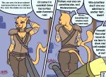  2019 altmer anthro armor bethesda_softworks butt clothed clothing comic dialogue elf english_text felid female first_person_view fur hand_behind_head hashdrawingslasher humanoid khajiit leather looking_at_viewer male mammal melee_weapon orange_fur presenting presenting_hindquarters sound_effects speech_bubble sword text the_elder_scrolls video_games weapon yellow_skin 