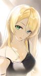  1girl arms_at_sides ayase_eli backlighting bangs bare_arms bare_shoulders black_tank_top blonde_hair blue_eyes blurry blurry_background breasts cleavage close-up collarbone expressionless eyebrows_visible_through_hair eyelashes gradient gradient_background green_eyes grey_background hair_over_one_eye head_tilt heterochromia light_particles light_rays long_hair looking_at_viewer love_live! love_live!_school_idol_project medium_breasts parted_lips shiny shiny_hair signature simple_background solo straight_hair sunlight tank_top upper_body white_background zawawa_(satoukibi1108) 