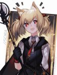  1girl :d animal_ears arknights black_gloves blonde_hair cape character_name gloves kky looking_at_viewer necktie open_mouth polearm red_eyes red_neckwear smile solo sora_(arknights) twintails twitter_username upper_body weapon 