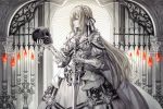  1girl armor black_bow blonde_hair bow braid candle cape dress gauntlets holding holding_skull holding_sword holding_weapon long_hair original senano-yu skull solo sword vambraces weapon white_bow white_cape white_dress yellow_eyes 