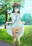  1girl alternate_costume black_hair blue_panties breasts day dress dress_lift embarrassed exhibitionism green_eyes hat kantai_collection lifted_by_self long_hair mikan_29344886 ooyodo_(kantai_collection) outdoors panties panty_pull park pubic_hair semi-rimless_eyewear short_sleeves small_breasts solo sun_hat sundress tree under-rim_eyewear underwear 