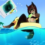  1:1 anthro beach bikini breasts clothing dessert digital_media_(artwork) ear_piercing felid feline female food fur hair harlow_parker hi_res ice_cream looking_at_viewer lynx mammal nipples piercing pussy savemekitty seaside simple_background smile solo swimwear 