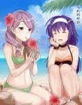  2girls beach bikini blue_hair blue_sky breasts cleavage closed_eyes cloud coconut commentary_request day drinking drinking_straw fire_emblem fire_emblem:_path_of_radiance fire_emblem_heroes flower hair_flower hair_ornament hairband haru_(nakajou-28) ilyana_(fire_emblem) long_hair mia_(fire_emblem) multiple_girls navel open_mouth outdoors purple_eyes purple_hair sitting sky swimsuit translation_request water white_hairband 