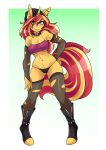  2019 absurd_res ambris anthro armwear beanie boots breasts clothed clothing ear_piercing equestria_girls equid female footwear hair hat headgear headwear hi_res horn legwear looking_at_viewer mammal multicolored_hair my_little_pony piercing shirt smile solo sunset_shimmer_(eg) tank_top topwear two_tone_hair under_boob underwear unicorn 