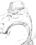 2017 anthro blush bodily_fluids butt clothing hat headgear headwear hi_res humanoid_hands male mammal moobs nipples overalls overweight overweight_male pommn_mn simple_background solo suid suina sus_(pig) sweat white_background wild_boar 