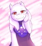  2018 anthro blue_clothing blush boss_monster bovid breasts caprine clothed clothing delta_rune_(emblem) digital_media_(artwork) eyelashes female fingers fur hand_on_cheek hand_on_face hand_on_head hi_res horn looking_at_viewer mammal pink_background purple_clothing red_eyes robe simple_background smile solo symbol toriel undertale unknownlifeform video_games white_clothing white_fur 
