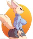  aggresive_retsuko aggressive_retsuko anthro blush bottomwear breasts canid canine clothing cooliehigh embarrassed female fennec fenneko fox hi_res looking_back mammal sanrio skirt sweater topwear torn_clothing 