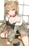  1girl absurdres bare_shoulders black_choker black_dress bow breasts brown_hair camouflage_jacket choker cleavage collarbone double_bun dress fishnet_legwear fishnets fur_trim girls_frontline green_eyes hair_bow hair_bun highres jacket long_hair long_sleeves looking_at_viewer medium_breasts off_shoulder on_floor open_clothes open_jacket playstation_controller rfb_(girls_frontline) rikoma shoes sitting smile solo spaghetti_strap strap_slip thighs tongue tongue_out very_long_hair 