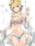  1girl bikini blonde_hair blue_bikini blue_eyes blue_hair blush bracelet breasts breasts_apart collarbone commentary_request crown earrings eyebrows_visible_through_hair fire_emblem fire_emblem_heroes fjorm_(fire_emblem) flower flower_necklace gradient_hair hair_flower hair_ornament haru_(nakajou-28) jewelry looking_at_viewer multicolored_hair navel necklace shawl short_hair simple_background small_breasts snowflake_background solo swimsuit thigh_gap two-tone_hair 