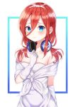 1girl 3: absurdres bare_shoulders blue_eyes closed_mouth collarbone commentary_request dani_(daniel) dress frame frown gloves go-toubun_no_hanayome hair_between_eyes hand_on_own_chest hand_up headband headphones headphones_around_neck highres long_hair looking_at_viewer nakano_miku red_hair sidelocks solo strapless strapless_dress upper_body wedding_dress white_background white_dress white_gloves 