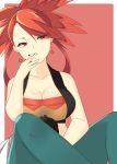  1girl asuna_(pokemon) blue_pants breasts brown_eyes cigarette cleavage crop_top earrings gym_leader hand_up jewelry large_breasts long_hair looking_at_viewer midriff mituyota_76 mouth_hold pants pokemon ponytail red_background red_eyes red_hair sitting smoking solo 