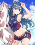  1girl armband armpits bikini bikini_shorts blue_bikini blue_eyes blue_hair blue_sky blush bra breasts cloud cloudy_sky commentary_request day fire_emblem fire_emblem_awakening fire_emblem_cipher haru_(nakajou-28) highres innertube long_hair looking_at_viewer lucina_(fire_emblem) midriff navel red_bikini shorts sky small_breasts smile solo standing surfboard swimsuit tiara two-tone_bikini underwear water 