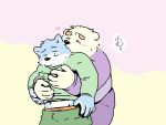  &lt;3 2018 4:3 anthro blue_fur blush bottomwear canid canine canis clothing domestic_dog duo eyes_closed fur hug hugging_from_behind humanoid_hands japanese_text male mammal pants pommn_mn shirt simple_background slightly_chubby text topwear ursid 