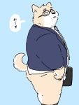  2019 anthro balls blue_background butt canid canine canis clothing domestic_dog eyewear glasses japanese_text male mammal necktie overweight overweight_male penis pommn_mn shirt simple_background solo text topwear 