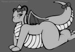  2019 all_fours blush digital_media_(artwork) dragon dragonite female hi_res kaite_(twitch_dates_pokemon) looking_back monochrome nintendo one_eye_closed pok&eacute;mon pok&eacute;mon_(species) presenting scales scalie seductive simple_background slightly_chubby smile thick_tail thick_thighs video_games visionaryserpent wide_hips wings wink 