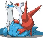  ambiguous_gender chiji claws dragon full_body half-closed_eyes latias latios legendary_pok&eacute;mon looking_at_viewer lying nintendo on_back orange_eyes pok&eacute;mon pok&eacute;mon_(species) rear_view red_eyes simple_background sweat video_games white_background wings 