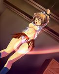  1girl arle_nadja arms_up bdsm bondage bound breasts crying female footwear indoors madou_monogatari nipples open_clothes open_shirt panties poyo puyopuyo shirt skirt socks solo tears torn_clothes torn_skirt torture underwear whip 