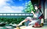  black_hair censored feet food foot footjob foreskin fruit glass hair_ribbon japanese_clothes kimono long_hair orgasm penis pitcher pointless_censoring ponytail red_eyes ribbon scenery sky watermelon 