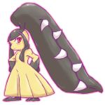  black_hair blush chiji extra_mouth female full_body hair hands_on_hips humanoid mawile nintendo not_furry pok&eacute;mon pok&eacute;mon_(species) red_eyes sharp_teeth simple_background solo standing teeth video_games white_background 