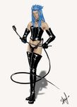  1boy blue_hair collar crossdress crossdressing dominatrix fetish fetish_wear full_body kingdom_hearts male male_focus saix solo whip white_background 