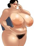  adjusting_glasses areolae black_hair blush book breasts brown_eyes bun cowboy_shot doomcomic fat glasses hair_bun huge_breasts large_areolae lipstick looking_at_viewer makeup nipples penguindou plump pubic_hair red_lips red_lipstick simple_background solo uncensored 